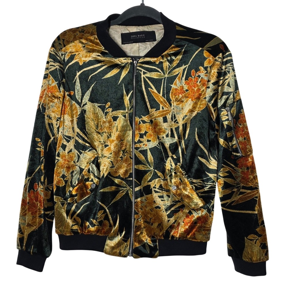 Zara Basic Velvet Floral Bomber Jacket XS Gold Metallic Black Zip Up Luxe Boho